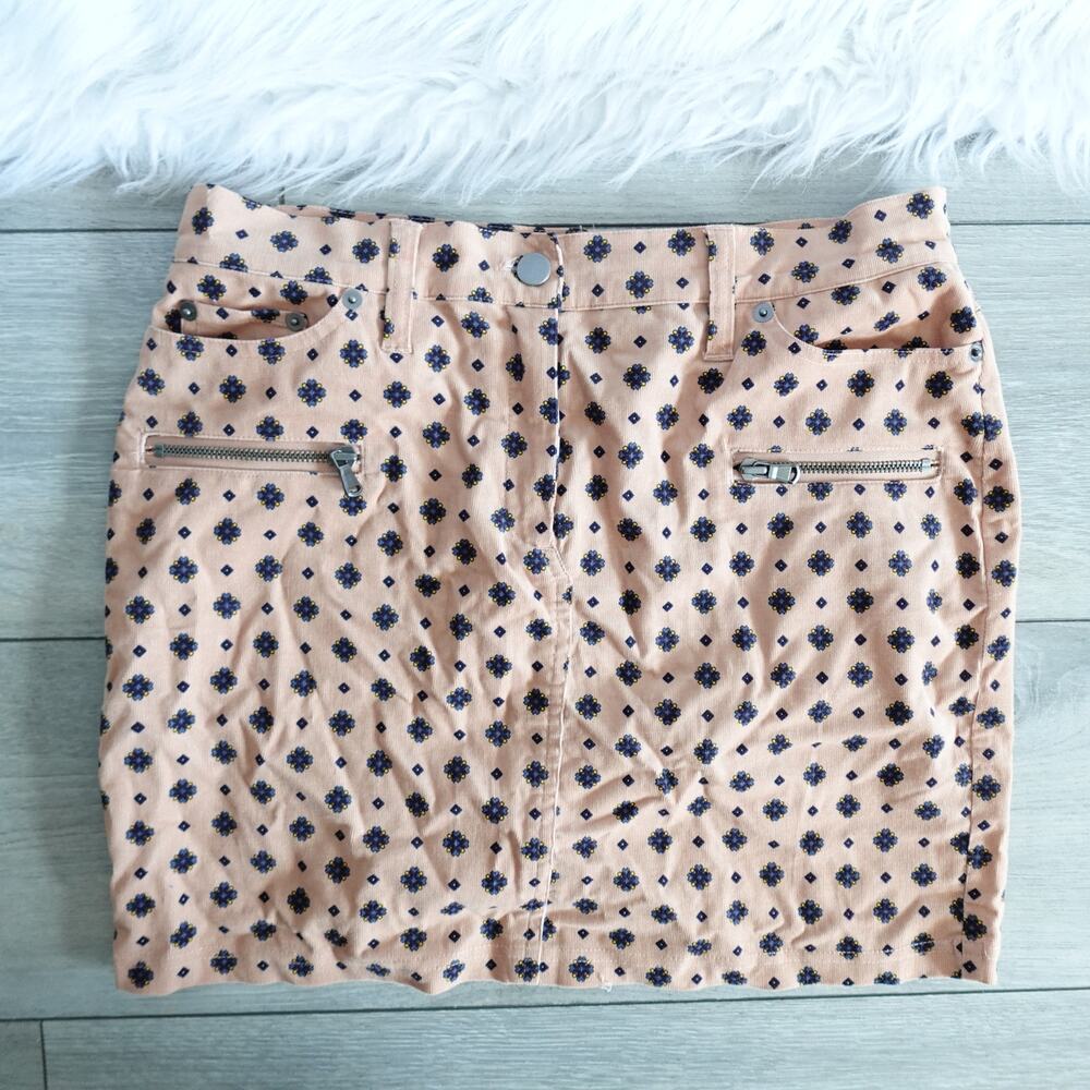 Club Monaco Velvet Corduroy Velour Peach Navy Floral Skirt Size 2 Spring Summer